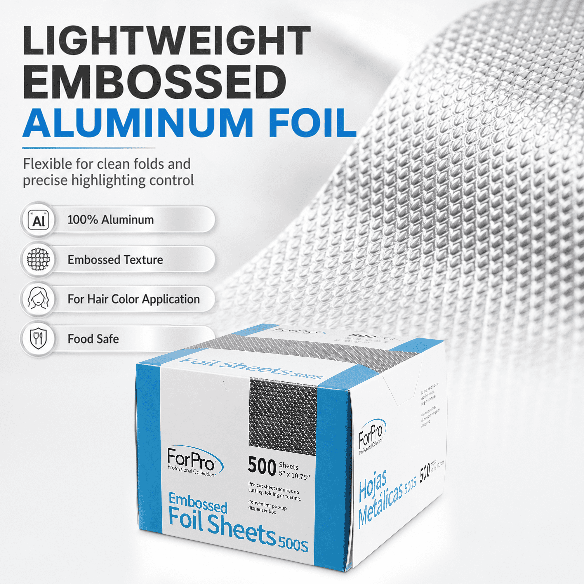 ForPro Embossed Foil Sheets 900S, 9” W x 10.75” L, 500-Count, Aluminum Foil, Pop-Up Dispenser, for Hair Color Application and Highlighting, Food Safe