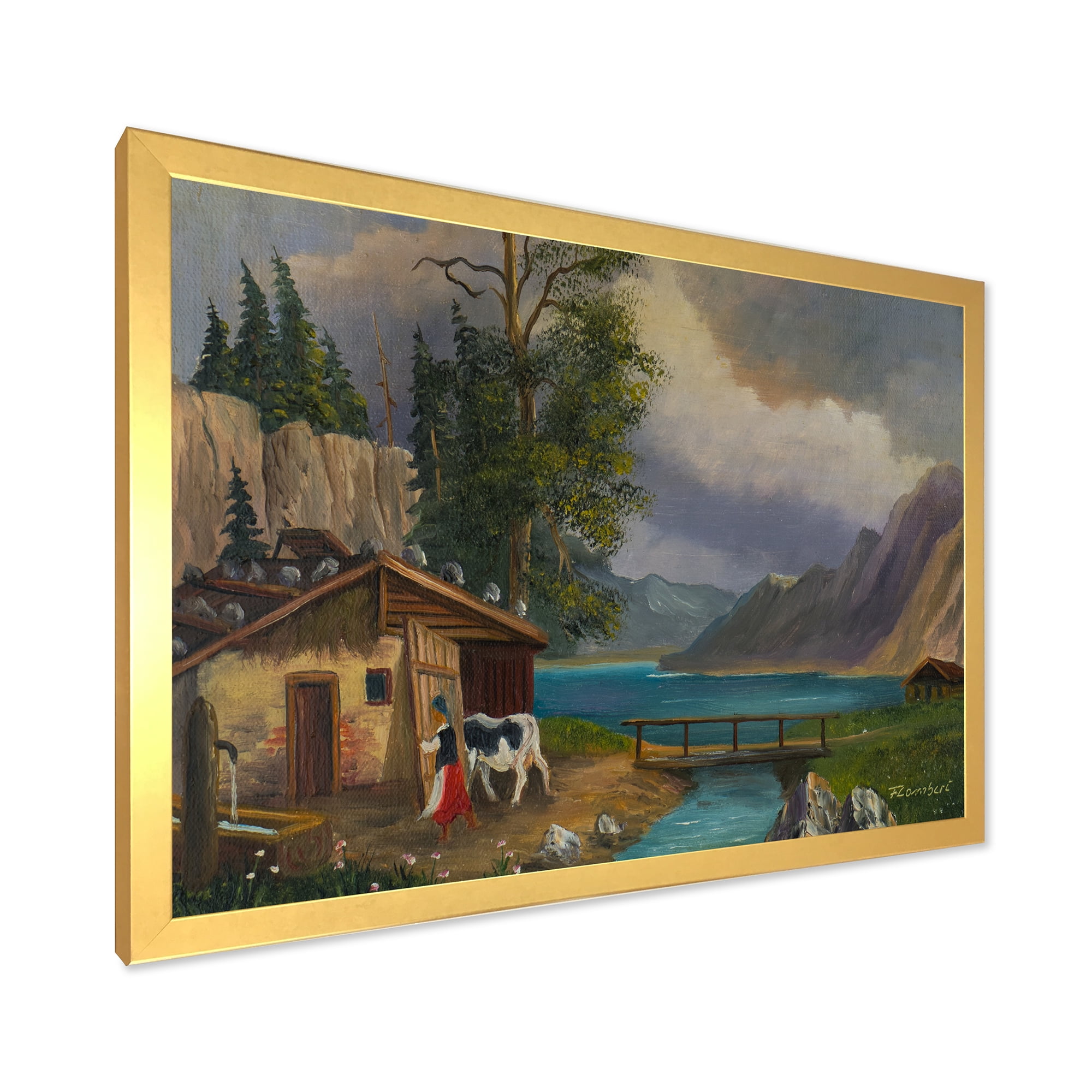 Designart 'Girl Brings The Cow Into The Stable At A Lake' Farmhouse Framed Art Print