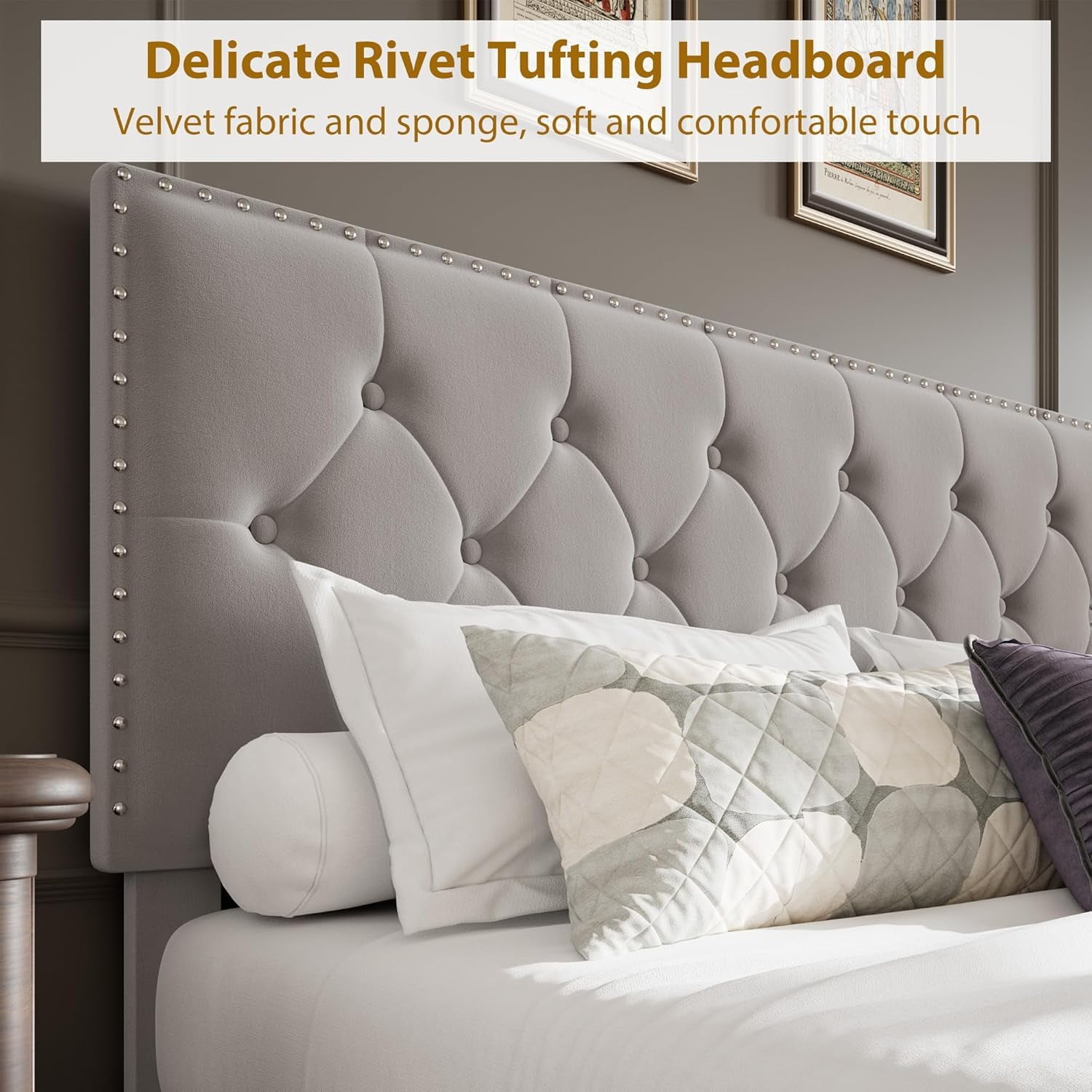 COZONY Vintage Velvet Upholstered Bed Frame - King Size with Tall Tufted, Adjustable-Height Headboard, 2 Storage Drawers, No Box Spring Required