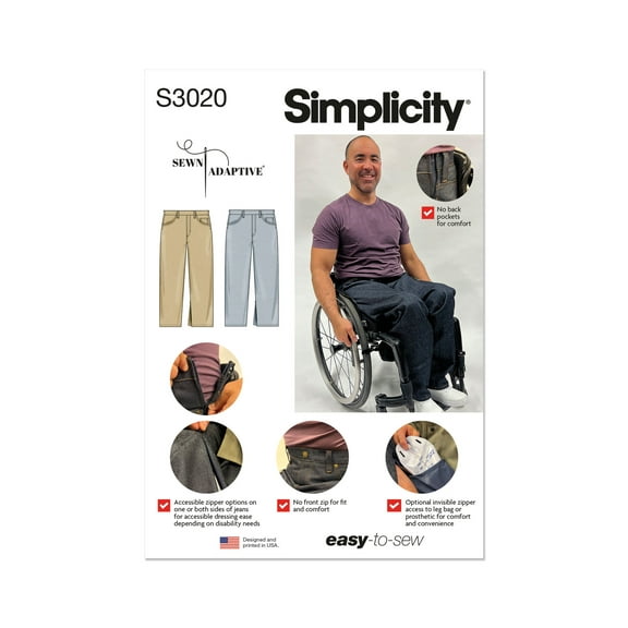 Simplicity Sewing Pattern 3020 - Unisex Adaptive Jeans by Sewn Adaptive, Size: AA (34-42)