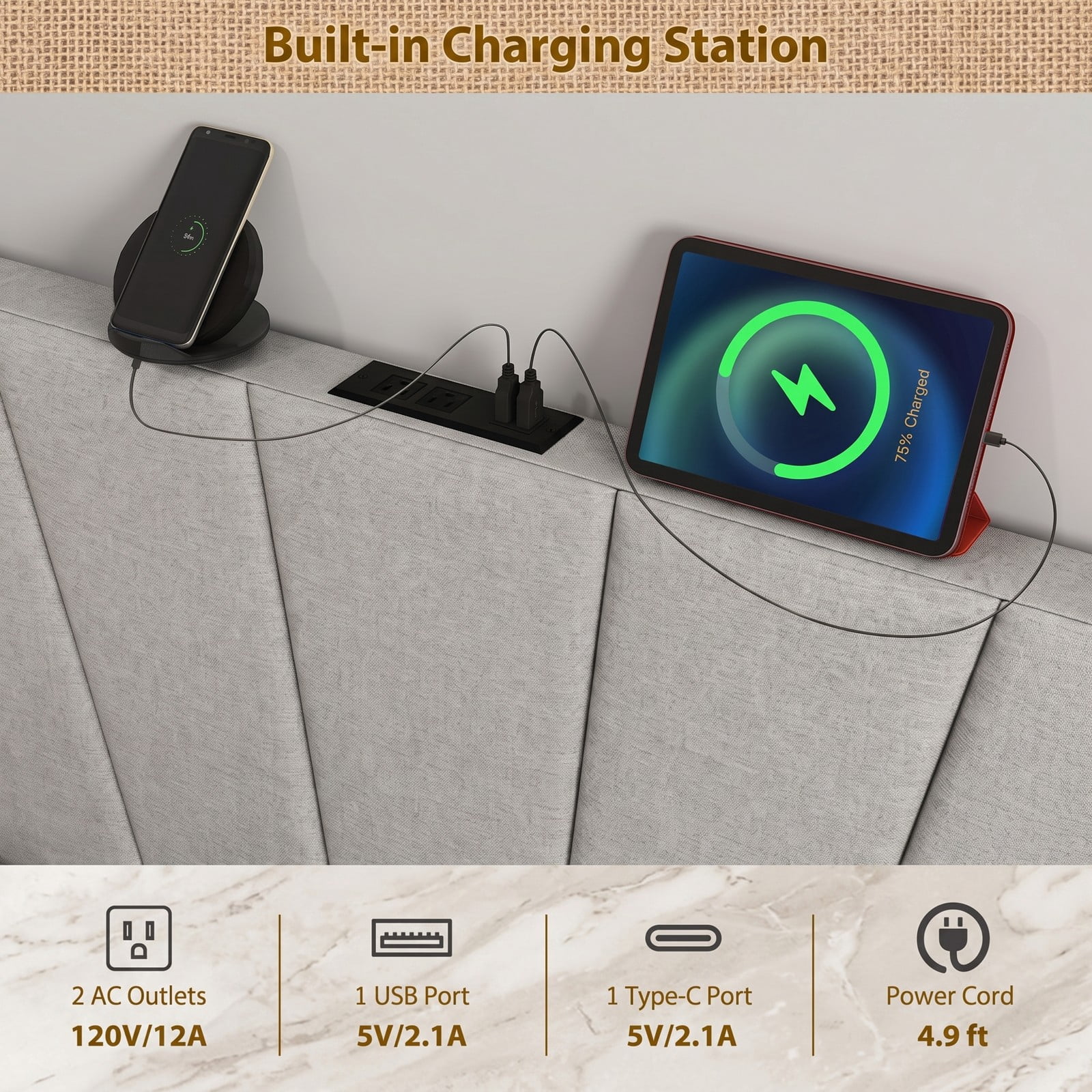 Furnibear Geometric Channel Upholstered Headboard with 2 AC Outlets and USB and Type-C Charging Ports for Full and Queen Size Beds, Gray
