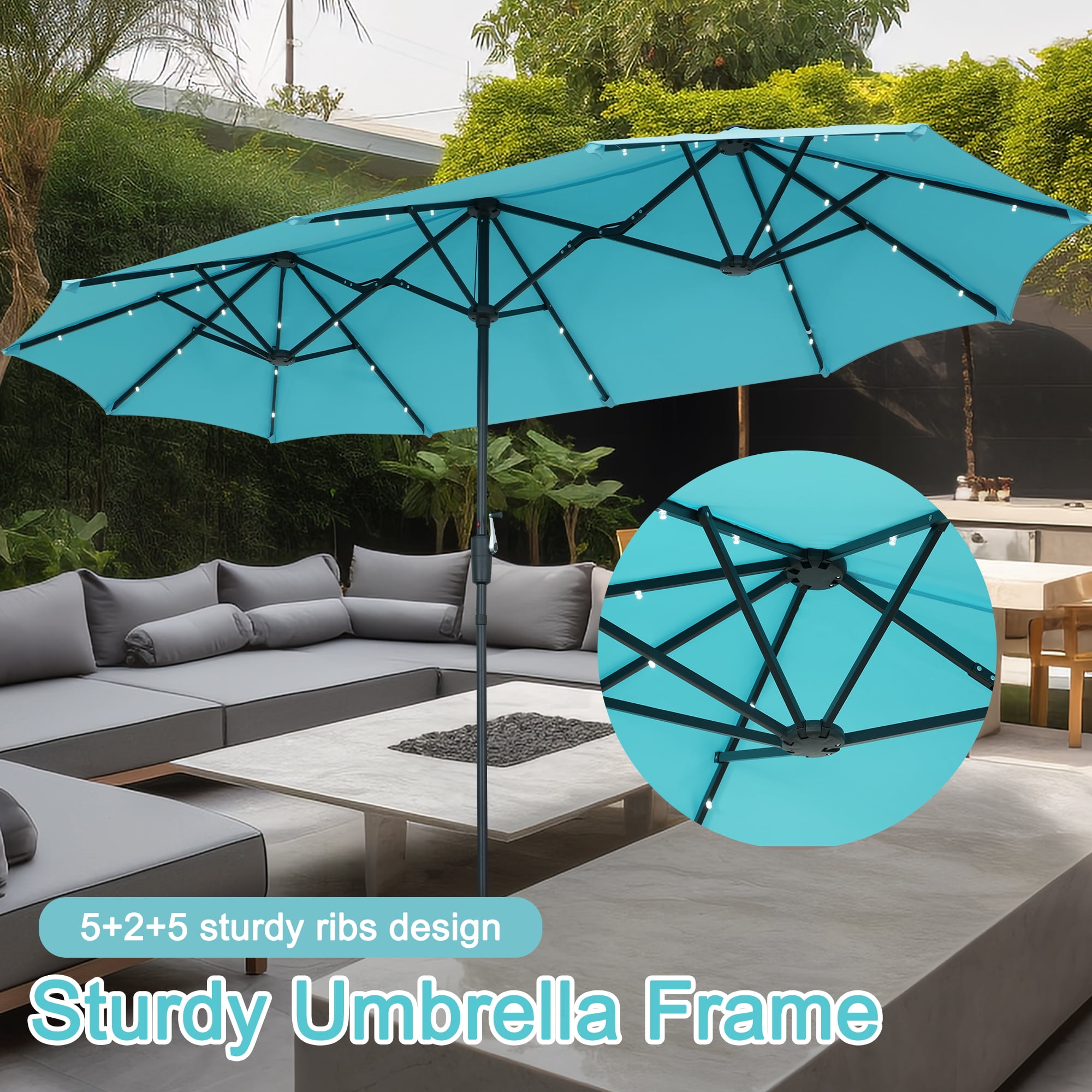 Autlaycil 13ft Rectangle Patio Umbrella with Base and 36 Solar Lights for Pool, Yard, Market - Blue