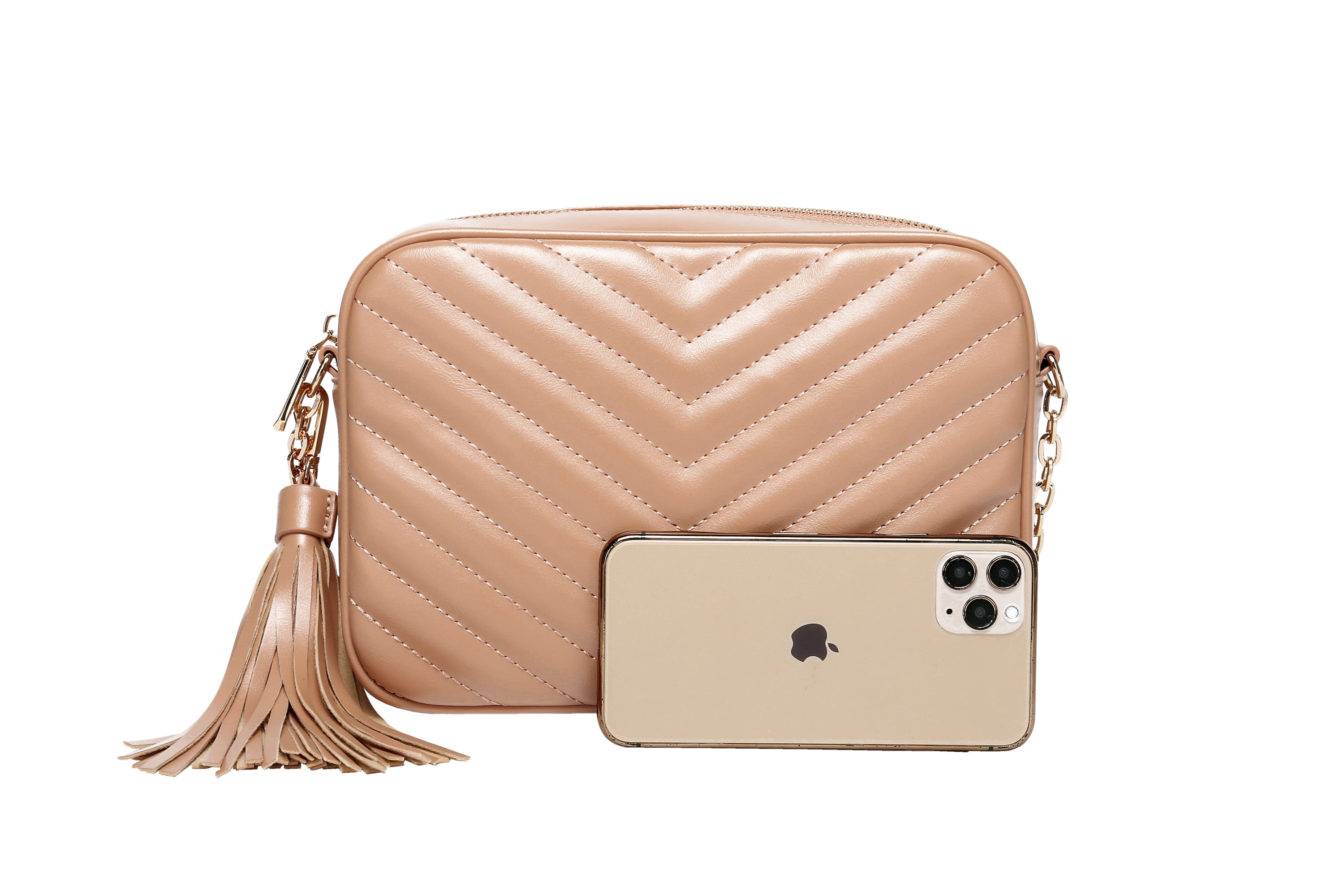 Daisy Rose Quilted Shoulder Cross body bag for Women with tassel - PU Vegan Leather - Blush
