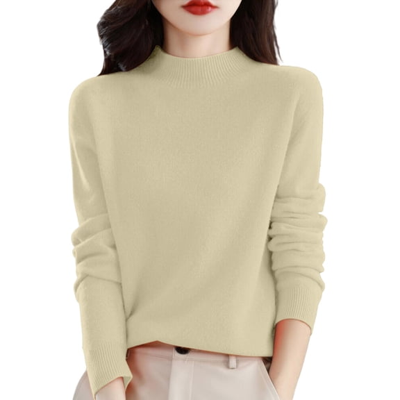 ManxiVoo Women's Lightweight Sweater Semi Turtleneck Long Sleeve Pullover Layering Base Top for Work Office Comfort Stretch Knit Casual Chic L Size Beige