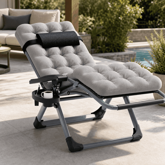 Naipo Zero Gravity Chair, Padded Folding Outdoor Lounge Recliner with Removable Cushion, Adjustable Headrest, Cup Holder Side Tray, 353 lbs Capacity, Gray