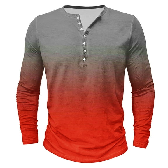 Dagegui Mens Tie Dye Long Sleeve Shirt Henley Shirts Gradient Color Crewneck Tees with Button Big and Tall Outdoor Active T-Shirts Casual Beash Party Tops Red M