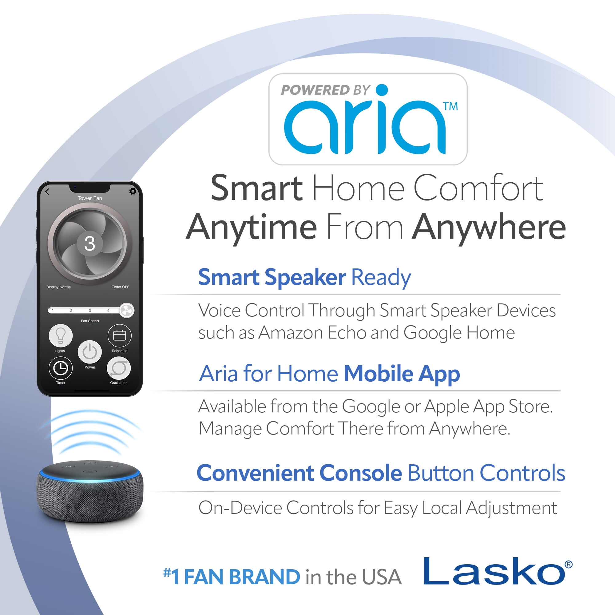 Lasko 40" 5-Speed Smart Tower Fan Powered by Aria, Wi-Fi Connected, Alexa, Google, White, T40735
