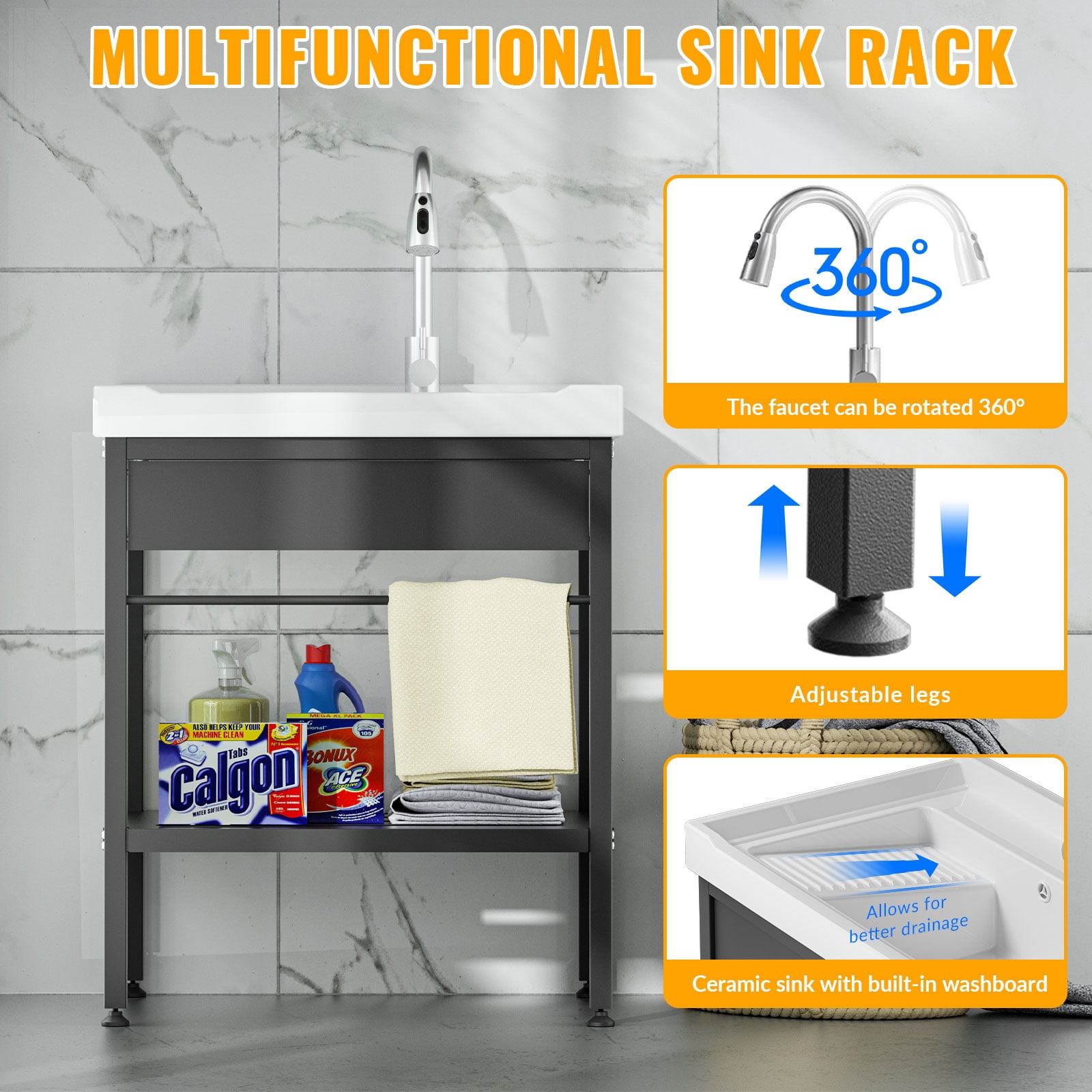 Laundry Room Sink, 26.8" × 17.7" × 34.3" Ceramic Utility Sink with Built-in Washboard, Complete Freestanding Basin with Hot & Cold Water Faucet, Water Hoses and Drain Assembly Kit, Ideal