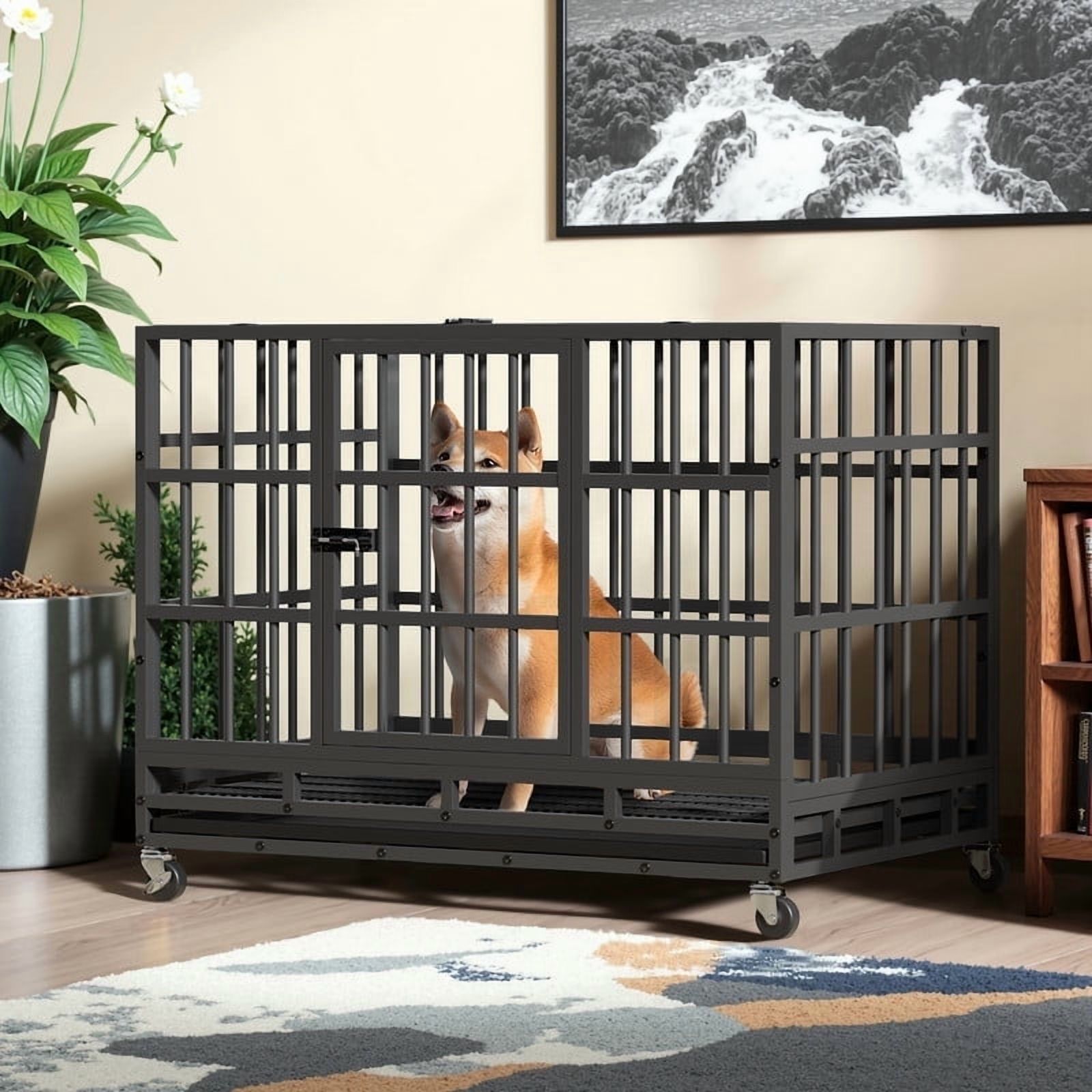 Furmax 37" Heavy Duty Dog Crate with Removable Tray Large Dog Kennel Heavy Duty Dog Crate cage with Wheels