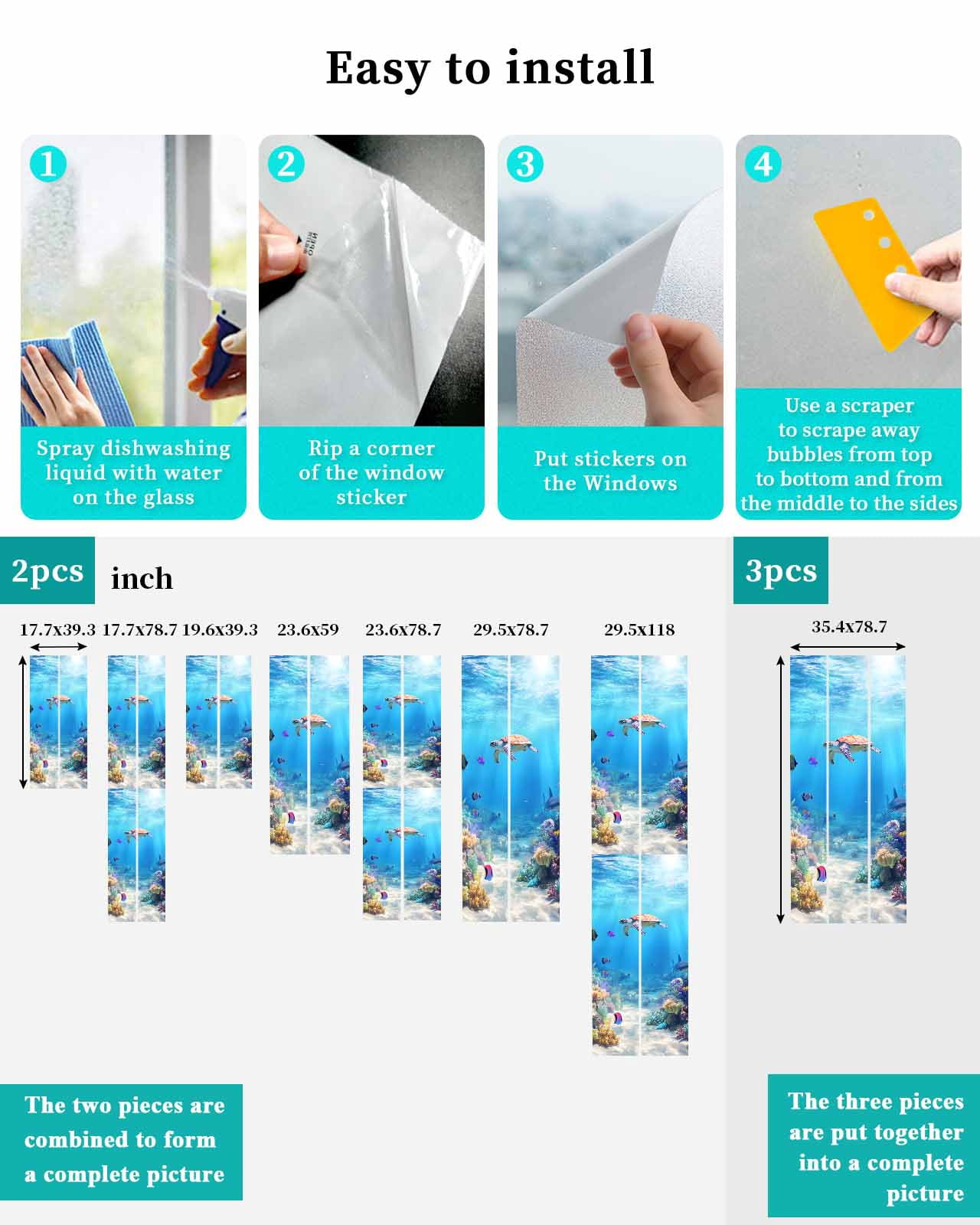 Window Privacy Film Ocean Turtle Stained Glass Window Film Decorative Sun Block Window Cover Blue Beach Summer Dolphin Whale Coral Fish Window Clings Static Adhesive Sticker for Bathroom 23.6"x59"