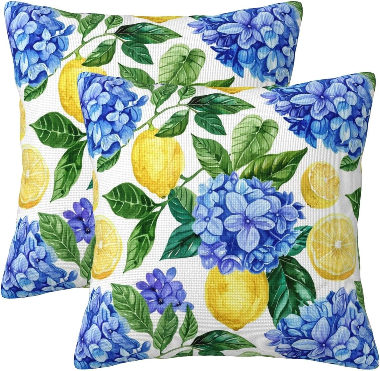 KiuLoam Summer Lemon Hydrangea Pillow Covers 18x18 Set of 2 Blue Yellow Floral Decorative Throw Pillow Covers Outdoor Farmhouse Cushion Cases for Sofa Couch Bed Living Room Decor
