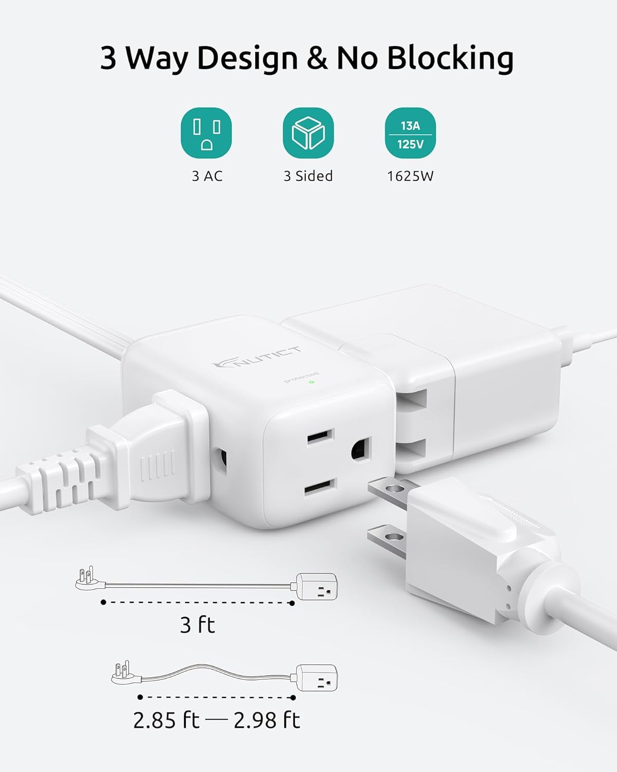 Flat Extension Cord Short 3ft, ETL Listed, Indoor 3 Prong Extension Cord with 900J Surge Protector, 13A/16 AWG, Right Angle Flat Wall Plug, Small Outlet Extender for Kitchen Bathroom, White