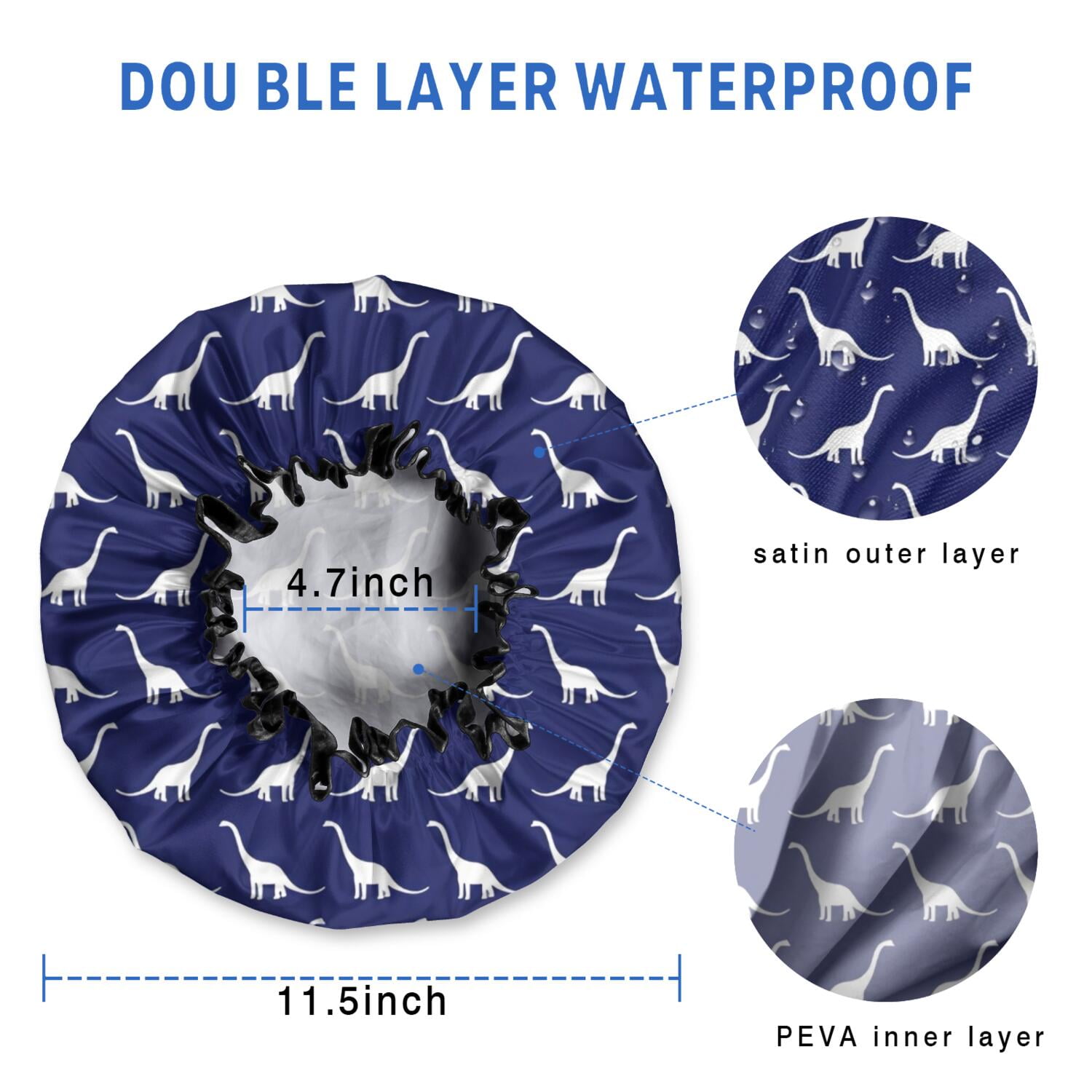 Shower Caps,DarkBlue White Dinosaurs Silhouettes Pattern Waterproof Shower Cap for Women 4 Pieces,Double Reusable Hair Cover for Shower PEVA Elastic Stretch Hem