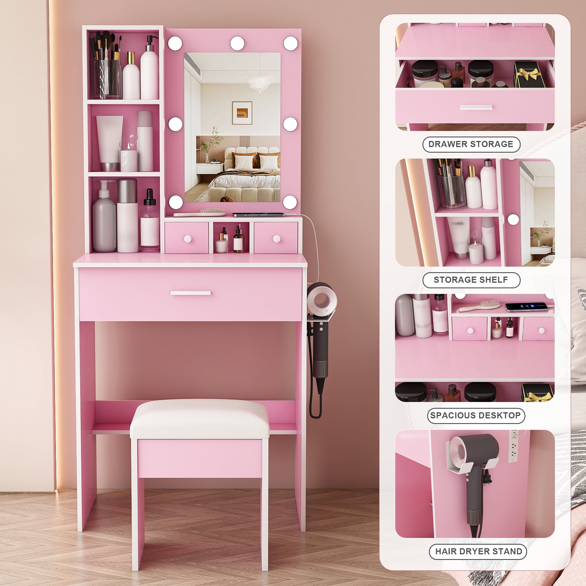 Compact Vanity Table Set with Adjustable LED Mirror, Power Outlet, Hairdryer Holder & Upholstered Stool, Makeup Dressing Desk for Small Bedroom