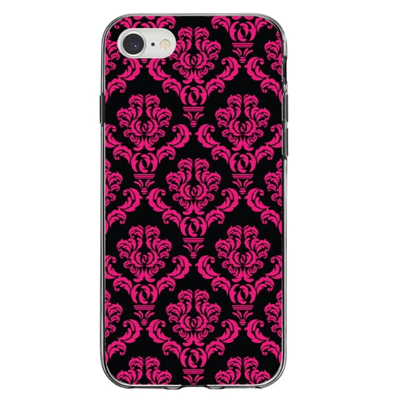 DistinctInk Clear Shockproof Hybrid Case for iPhone 7 8 SE (2020 Model) 4.7" Screen TPU Bumper Acrylic Back Tempered Glass Screen Protector - Black Hot Pink Damask Pattern - Floral Damask Pattern