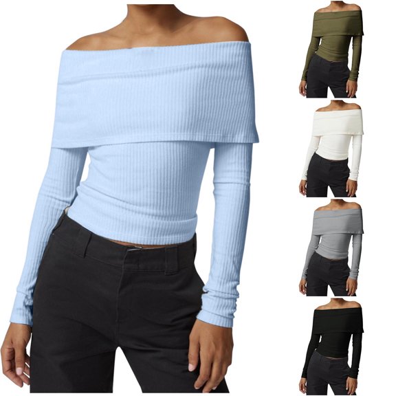 Elainilye Fashion Womens Basics Solid Color Long Sleeved Top with Threaded Off Shoulder Sexy Bottom Shirt Knitted T-shirt Top,Black