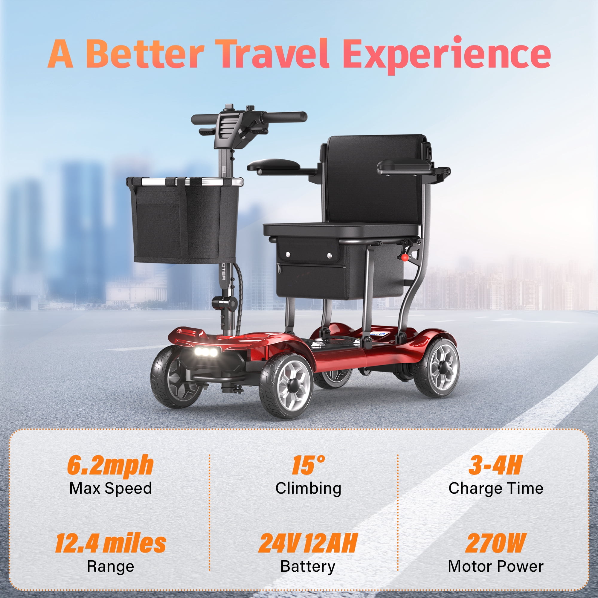 EAGLOG Light Weight 4 Wheels Mobility Scooter for Seniors, Electric Folding Wheelchair Device for Travel, 12.4 Miles Range, Red