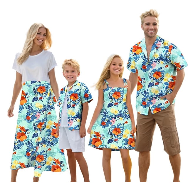 Trajes hawaianos a juego en azul cromoncent para papá e hijo