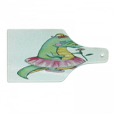 Crocodile Cutting Board, Watercolor Style Print of a Female Alligator with a Flower, Decorative Tempered Glass Cutting and Serving Board, in 3 Sizes, by Ambesonne