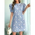 thumbnail image 2 of Women'S Floral Puff Short Sleeve Mini Dress High Waist Summer Boho Short Dresses Blue M, 2 of 5