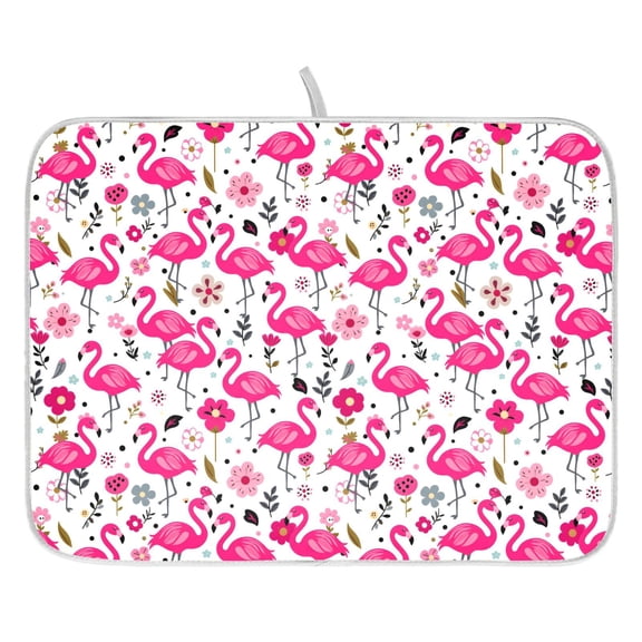 Dish Drying Mat for Kitchen Counter 16x18/18x24 Flamingo Flower Absorbent Coffee Bar Mat Dish Drainer Rack Mat for Kitchen Counter