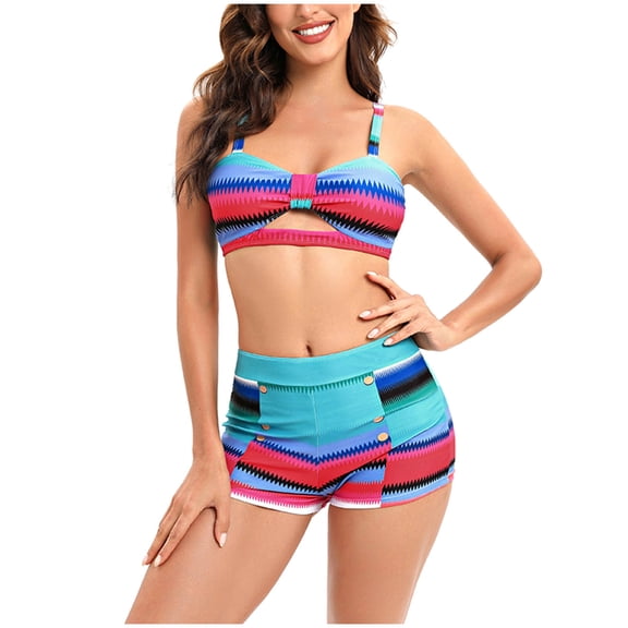 Lilgiuy Ladies Fashion Multicolor Gradient Color Print Hollow Out Women's Split Boxer Pants Swimsuit Spring Summer Beach Style Vacation Bathing Suit Clothes