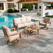 Summit Living 5-Piece Woven Rope Outdoor Patio Furniture Set with Swivel Chairs & 2 Round Nesting Coffee Table, Wood-Grain Metal Outdoor Patio Conversation Set for 5 People, Beige