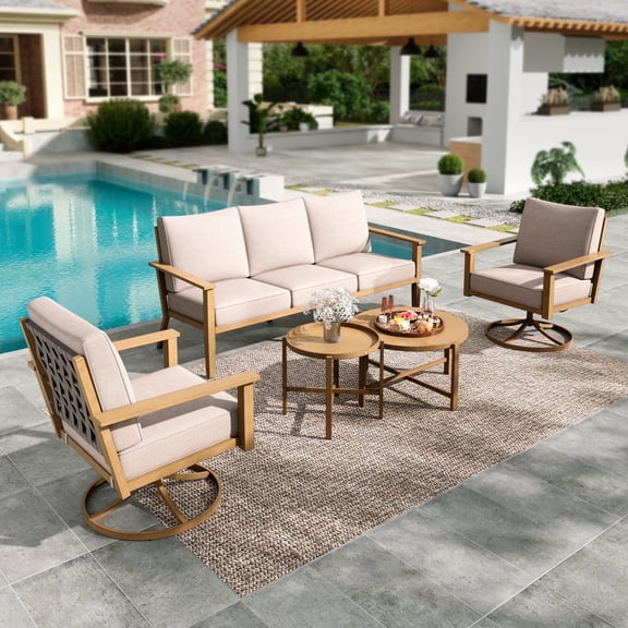 Summit Living 5-Piece Woven Rope Outdoor Patio Furniture Set with Swivel Chairs & 2 Round Nesting Coffee Table, Wood-Grain Metal Outdoor Patio Conversation Set for 5 People, Beige