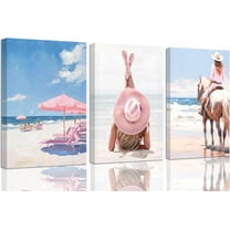 Coastal Cowgirl WallTrendy Preppy Wall Decor Western Girls Beach Prints Pink Boots Hats Posters Summer Coastal Granddaughter Pictures Teen Girl Dorm Canvas Painting Unframed