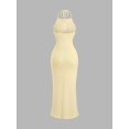 thumbnail image 2 of Light Yellow Halter Neck Knit Bodycon Maxi Dress With Striped Texture, 2 of 7