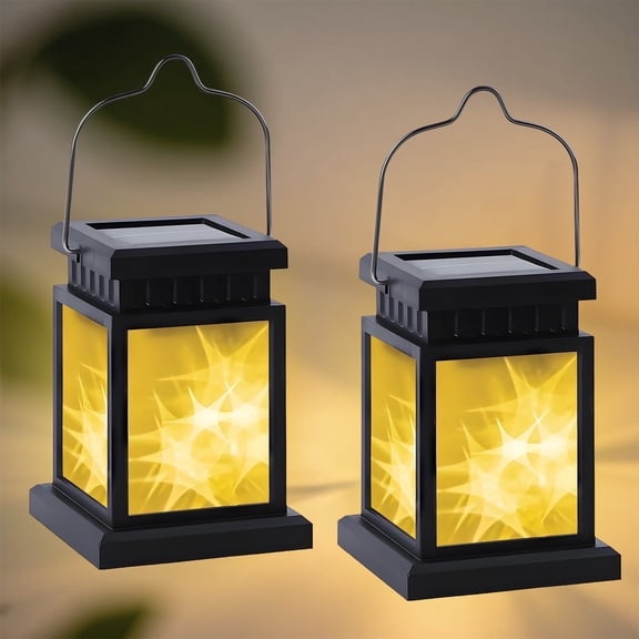 Rirool Outdoor Solar Lanterns 2 Pack, Hanging Vintage Decorative Lights with 3D Star Pattern & Flickering Flame, Waterproof Garden Yard Pathway Lights, Warm White