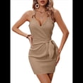 thumbnail image 2 of Vestido de Verano con Escote en V y Tirantes en la Cintura para Mujer, Falda Corta Ajustada. Caqui XL, 2 of 8
