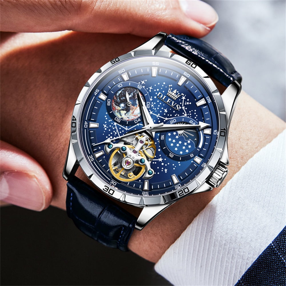 OLEVS Automatic Watches for Mens Starry Sky Skeleton Tourbillon Self Winding Mechanical Moon Phase Luminous Waterproof Luxury Dress Mens Wrist Watches Gifts Reloj Para Hombre Black/Blue/Green