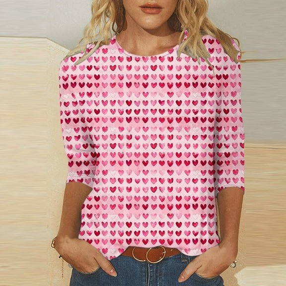 Valentines Tshirts, Women Heart T Shirt, Ladies 3/4 Length Sleeve Tops Fashion Women's Tees Casual Crewneck 3/4 Sleeved T Shirt Ladies Tops Blouses Shirts