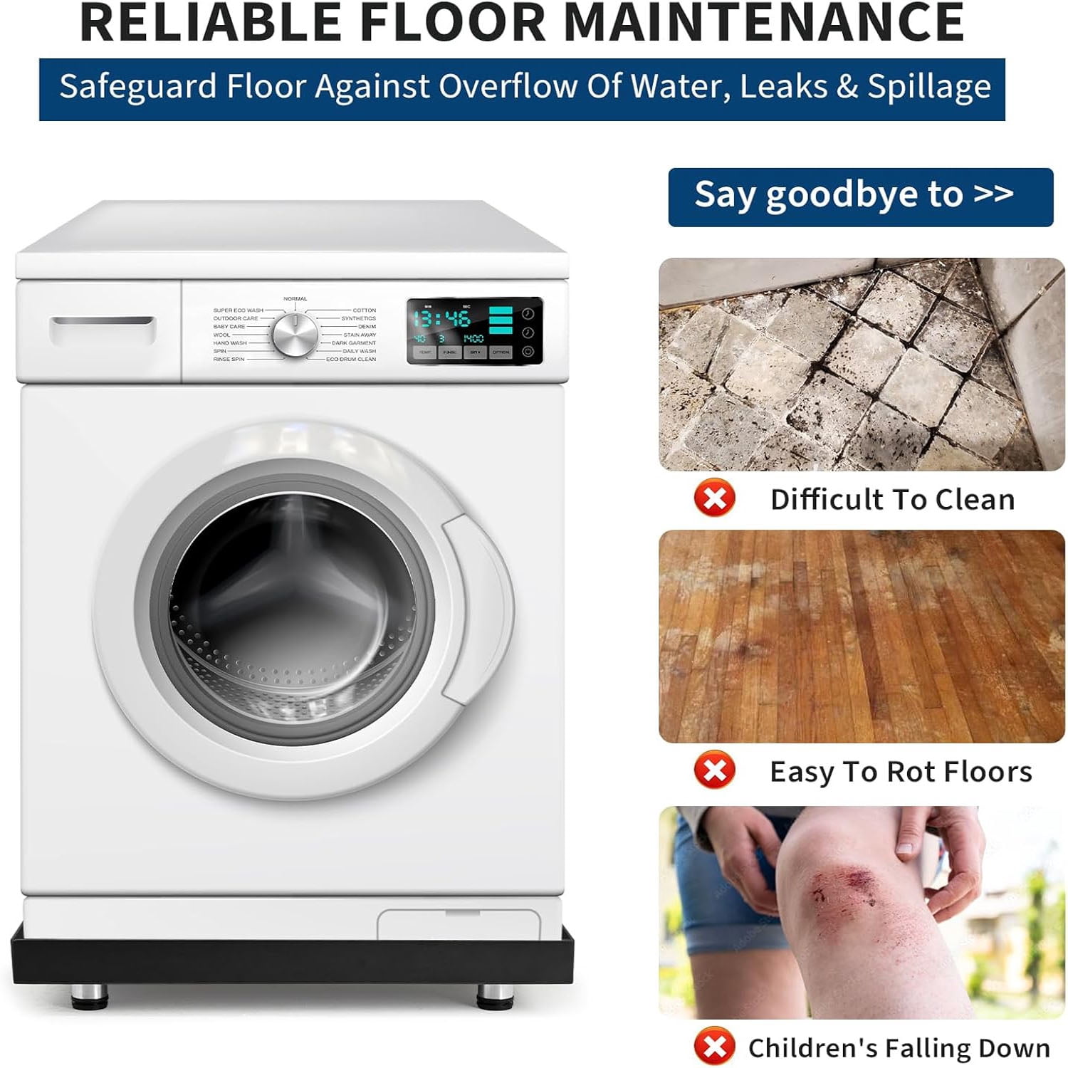 Studyset Heavy-Duty Carbon Steel Washing Machine Pan - 24x24x2in Rust-Free Water Damage Protection with 4 Anti-Vibration Feet, Easy Install No-Hole Design