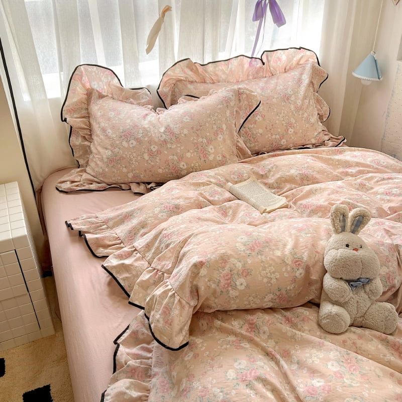 Floral Ruffle Duvet Cover Set Twin Size Pink Flowers Black Edge Bedding Duvet Cover with Zipper Closure Reversible Comforter Duvet Cover and 2 Pillowcases