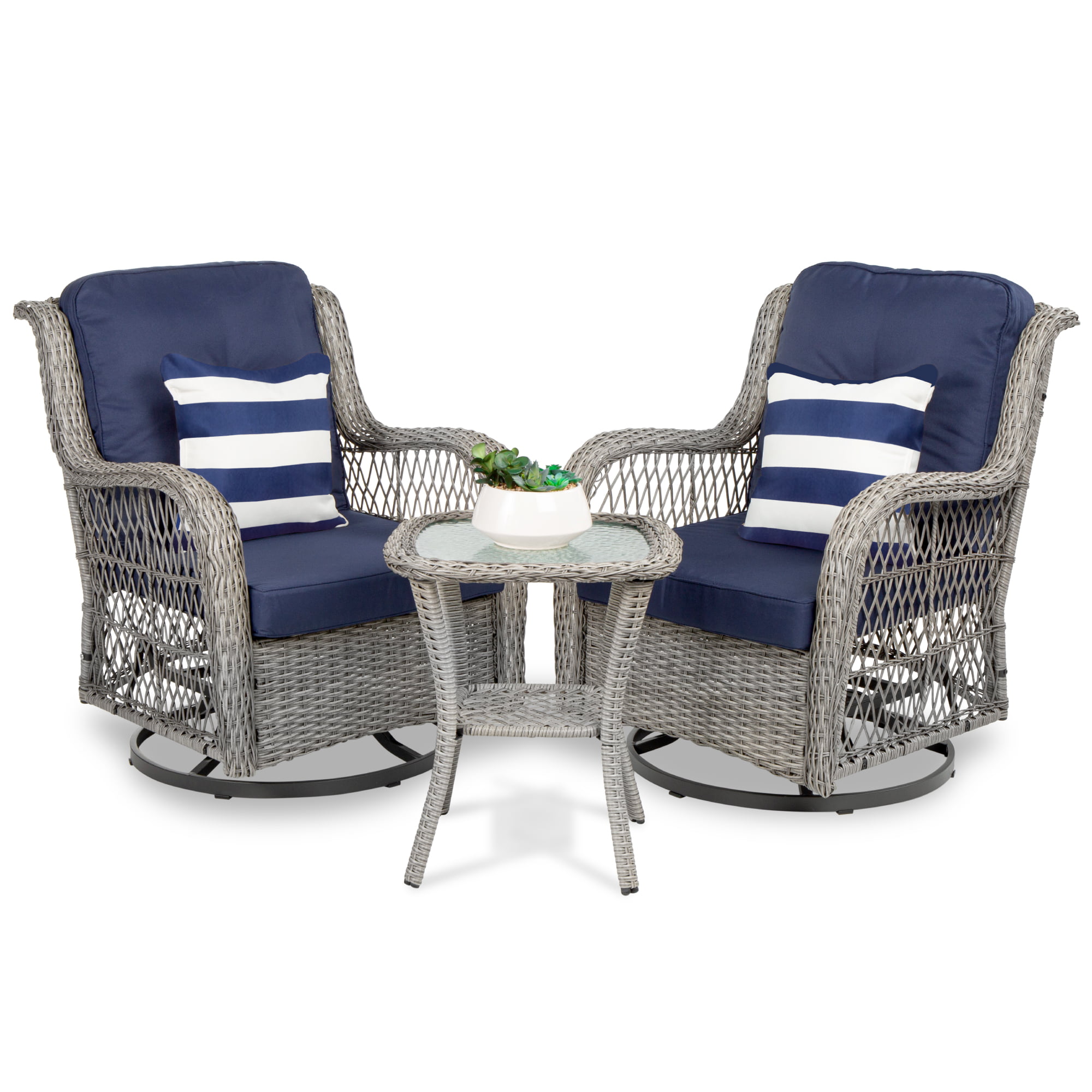 Chairs and Glass Top Side Table Gray Barton 3-Piece Outdoor All-Weather Wicker Conversation Bistro Furniture Set w/ 2 