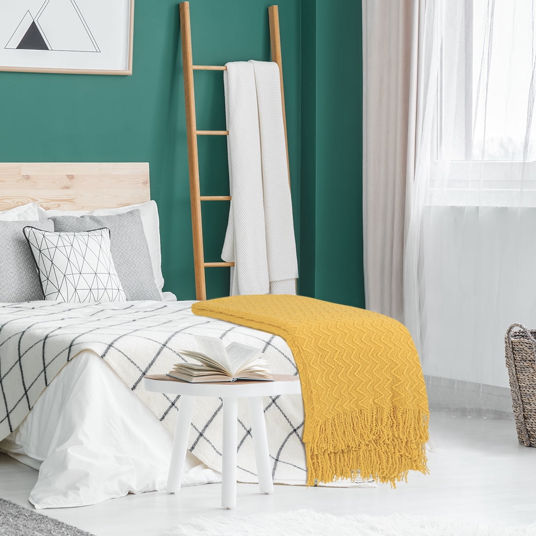 Unique Bargains Fringe Knitted Decorative Throw Blanket, 50"x 60", Yellow