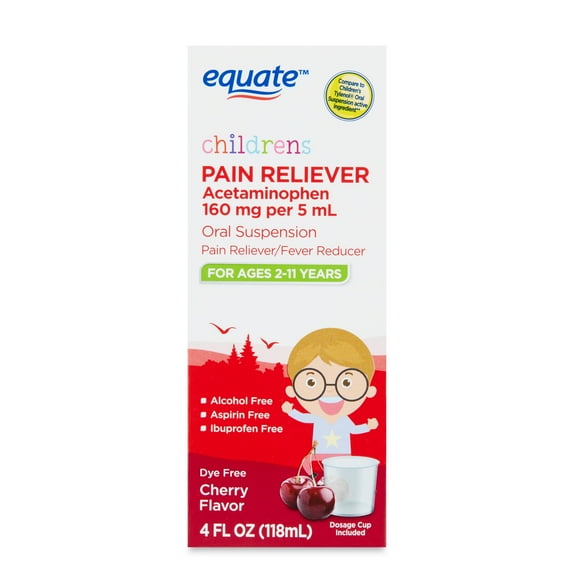 Equate Children's Dye-Free Pain & Fever Relief Acetaminophen Oral Suspension, 160 mg, Cherry Flavor, Ages 2 to 11 Years, 4 fl oz, Compare to Children's Tylenol® Oral Suspension Active Ingredient