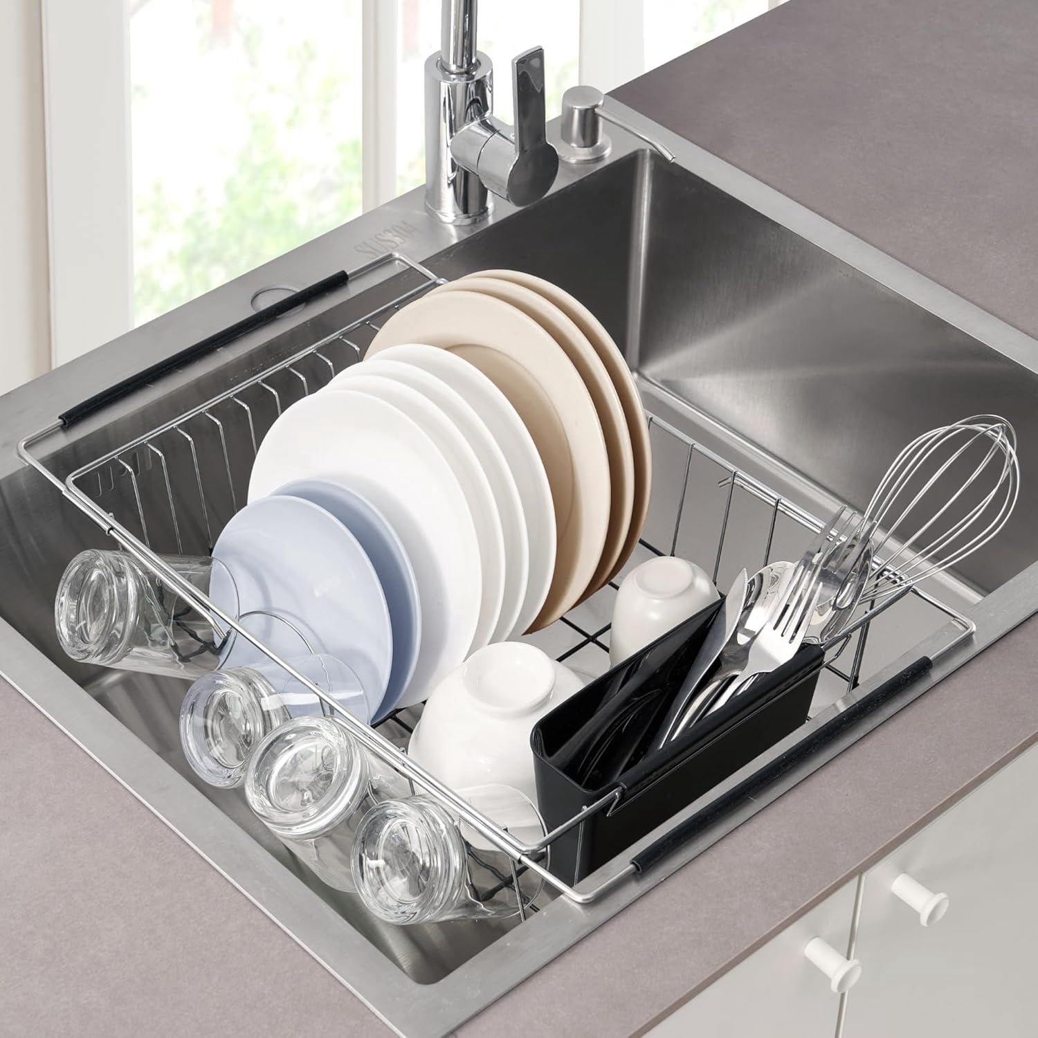 Dish Drying Rack Over The Sink Expandable to 24.5" Dish Drainer — Space-Saving Rectangular Kitchen Extending Drying Station with Utensil Holder, Fits Most Sinks for Easy Dish Organization, Silver