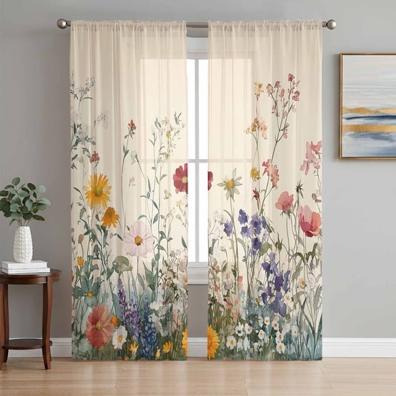 Spring Floral Semi Sheer Curtains 96 Inch Length 2 Panels Set, Beige Watercolor Botanical Sheer Kitchen Curtain Privacy Voile Window Curtain for Living Room Bedroom Rod Pocket Drapes