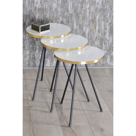 White Nesting Coffee Tables 3 PCS,Round Side Table With Black Metal Legs with Gold Side Details,Set of 3 Small Accent Table, Nightstand Modern End Table for Living Room Bedroom,Nesting Tables