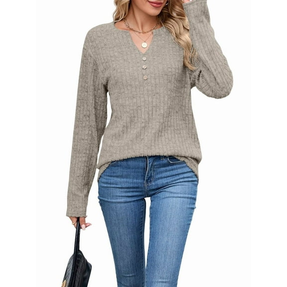 Women Long Sleeve Shirts Dressy Casual Button V Neck Pullover Sweaters Jumper Tops Fall Outfits Khaki XL