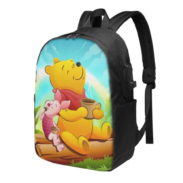 Mochila de viaje para portátil con diseño de Winnie The Pooh Light Flight, antirrobo con puerto de carga USB, mochila universitaria, gran capacidad para el trabajo, color negro, 17 pulgadas