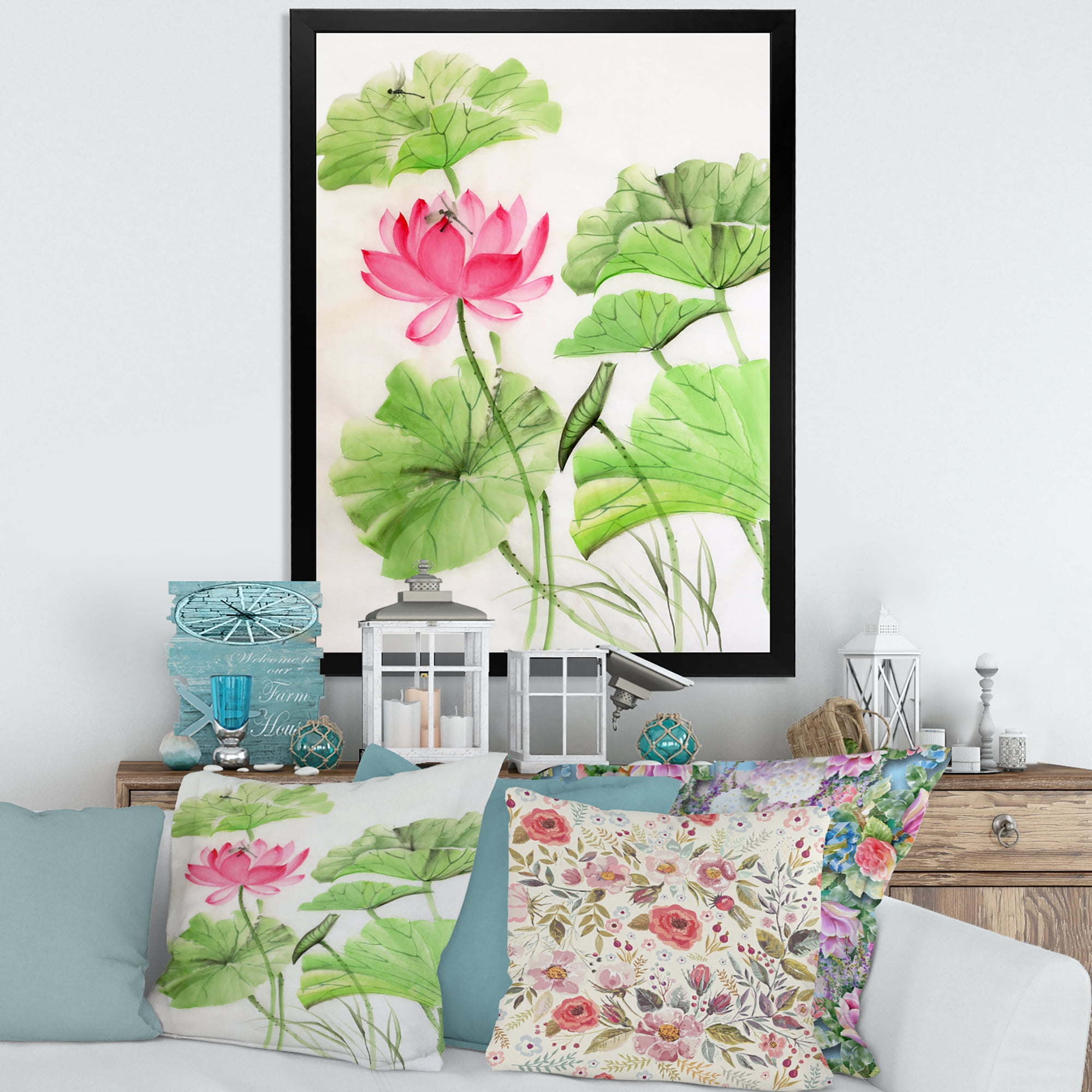Designart 'Dragonfly and Lotus' Traditional Framed Art Print