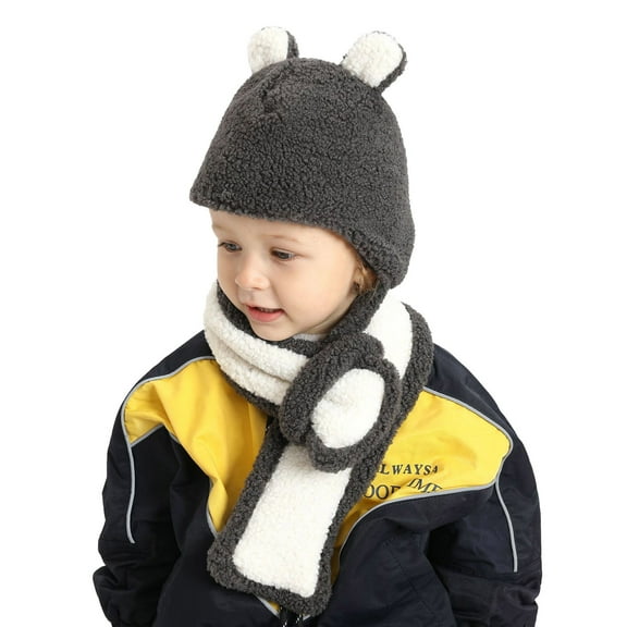 Hwmodou Toddler Winter Hat Children Boys Girls Hat Scarf Gloves Set Bear Flannel Warm Ear Hat Outdoor Kids Beanie