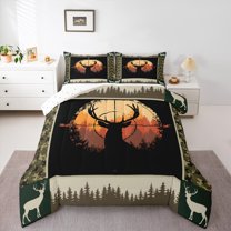 Manfei Cartoon Deer Print Queen Comforter Set for Teen, Rustic Farmhouse Bedding Sets, Hunting Wildlife Reversible Bedding Comforter Set, Microfiber Bedroom Decor, 3 Pieces