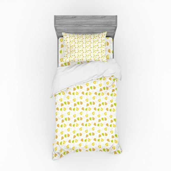 Leaves Duvet Cover Set, Colorful Creative Motifs Drawn by Hand, Bedding Set with Shams and Fitted Sheet, 3 Sizes, by Ambesonne