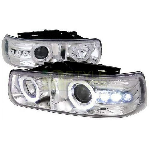 LED Halo Projector Headlight In Chrome Housing Clear Lens Made For And Compatible With 1999 - 2002 Chevrolet Chevy Silverado 00-06 Suburban Tahoe