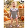 thumbnail image 5 of RUINIXCW Newborn Baby Girl Halloween Outfit Waffled Striped Bubble Romper Letter Ghost Pumpkin Embroidery Print Short Sleeve Smocked Bodysuits Jumpsuits, 5 of 9